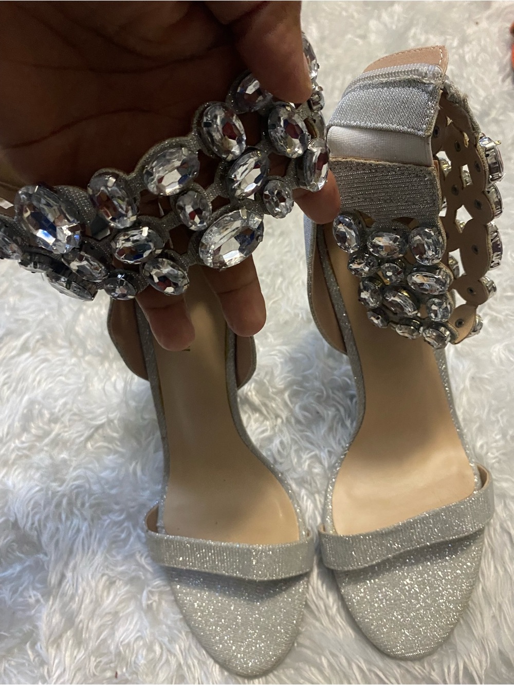 True Religion Silver Glitter Jeweled Ankle Strap Heels